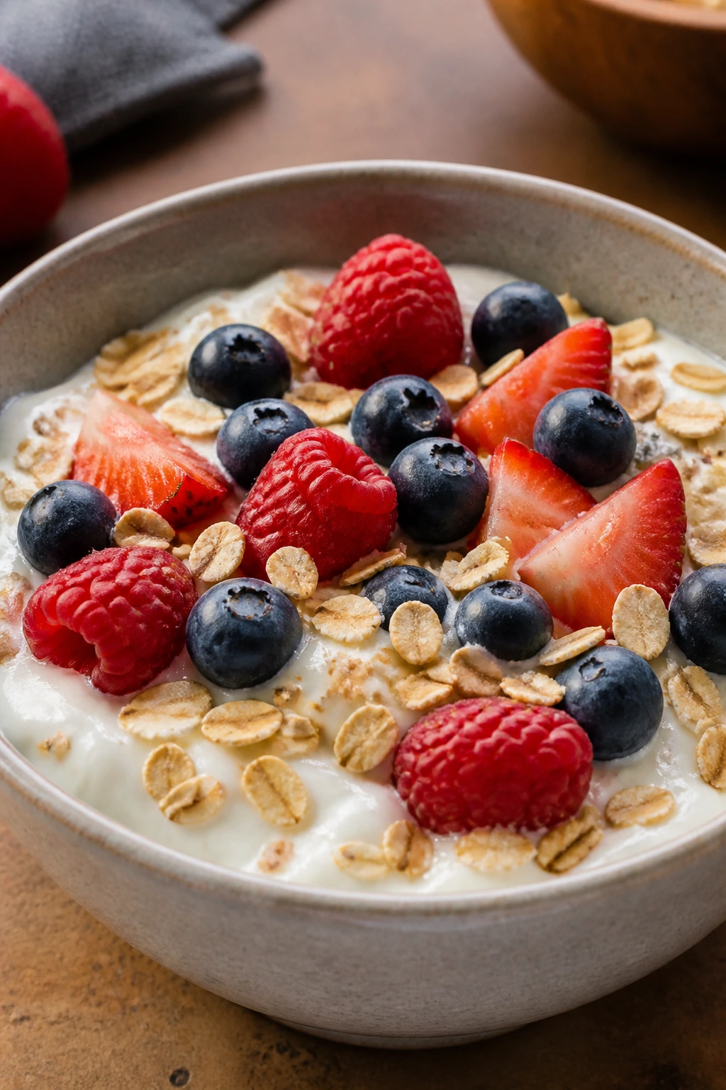 Wholesome bowl with yogurt, oats, and berries in a kitchen