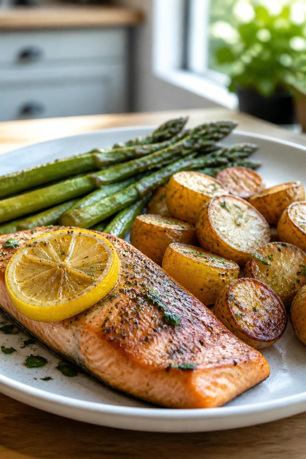 Balanced plate with salmon, potatoes, and asparagus arranged to look generous in a kitchen setting.