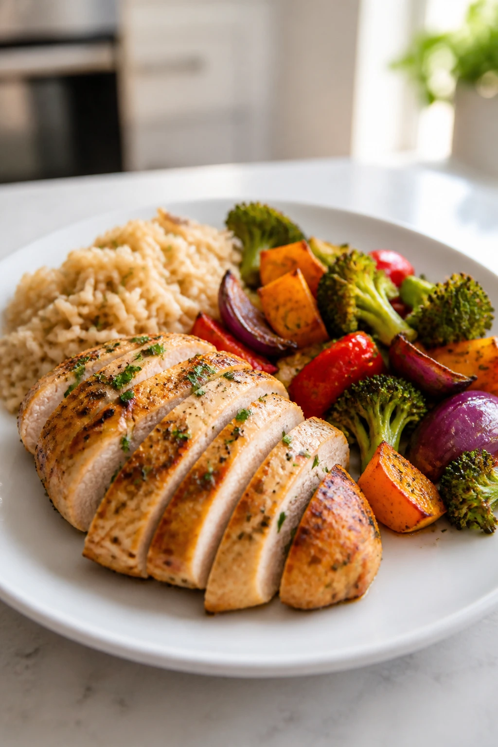 Simple clean-eating plate with chicken, vegetables, and brown rice