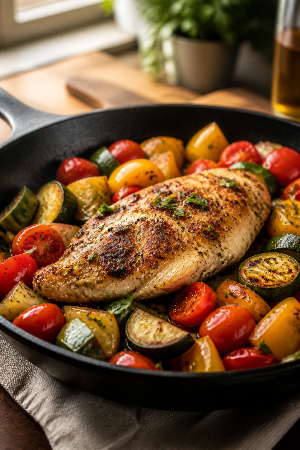 Close-up of skillet dinner with chicken and vegetables in warm kitchen light