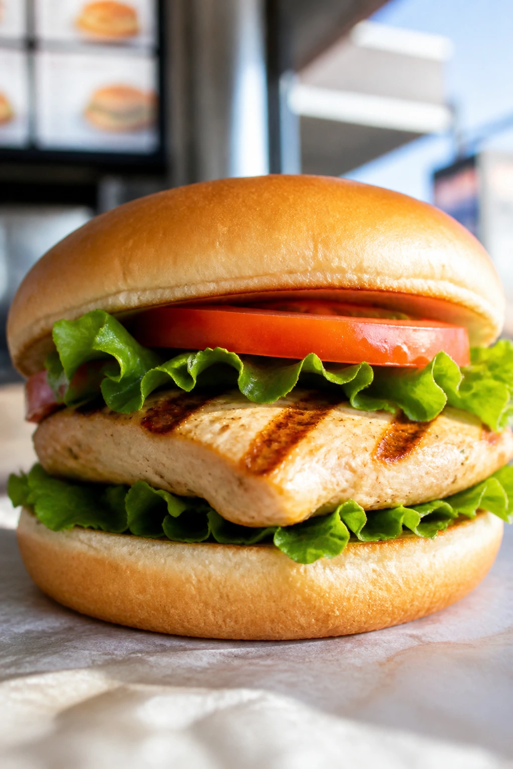 Close-up of a clean grilled chicken sandwich with lettuce on a plain bun, no cheese or sauces