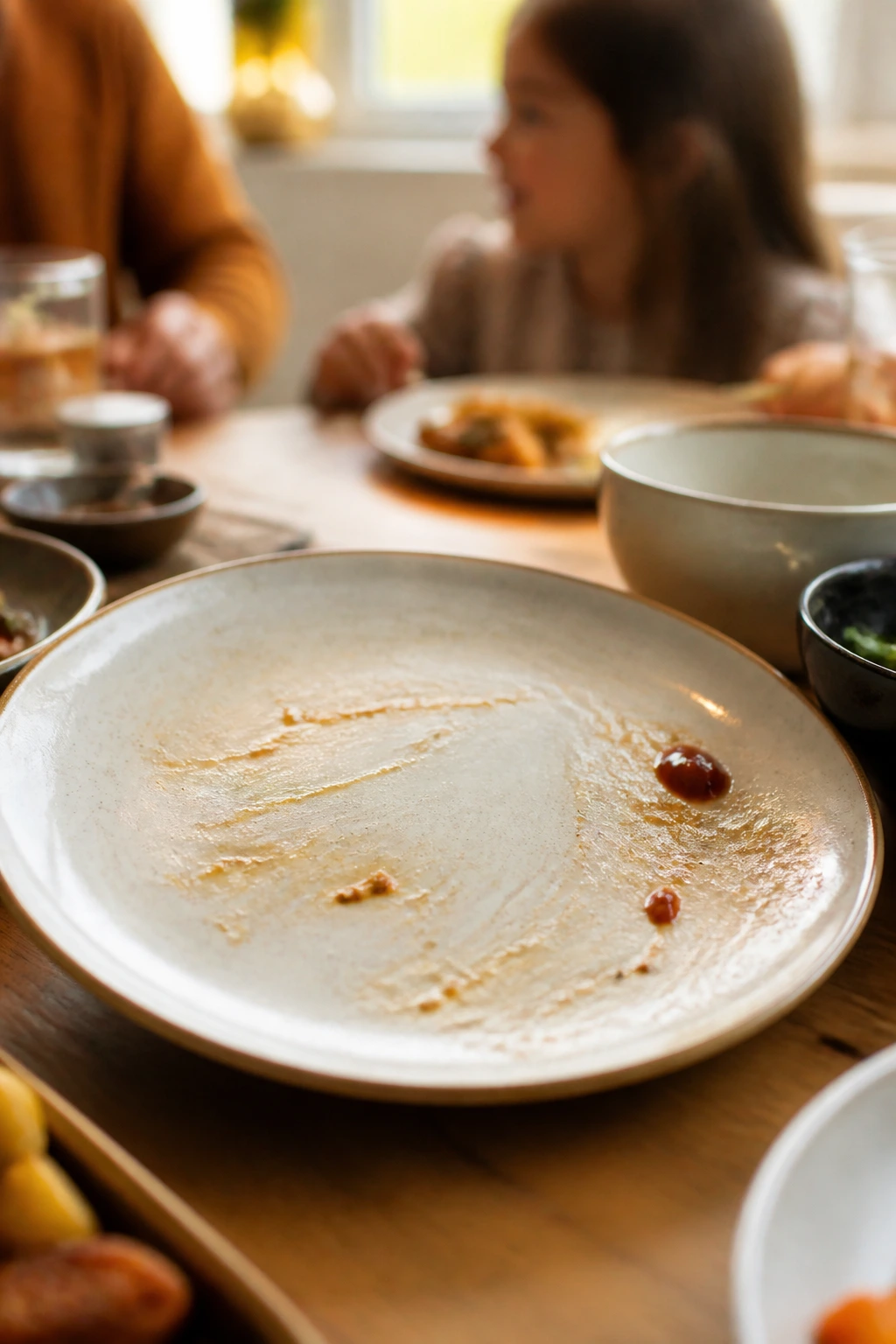Close-up of an almost-empty plate at a calm family dinner table