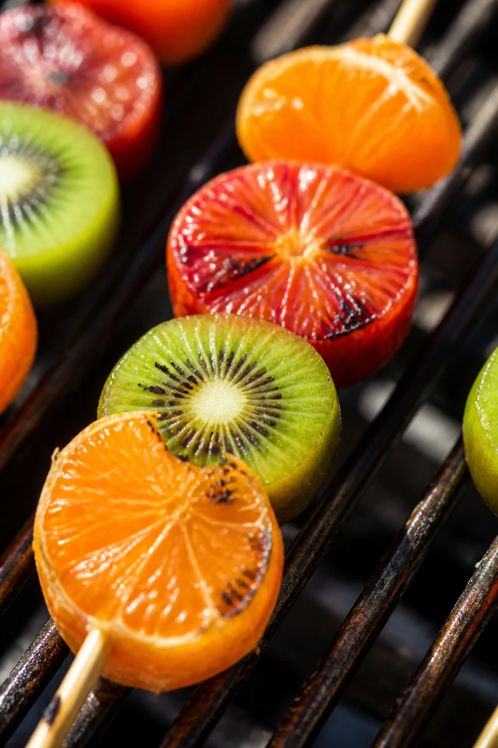 Clementine, blood orange, and kiwi skewers on grill