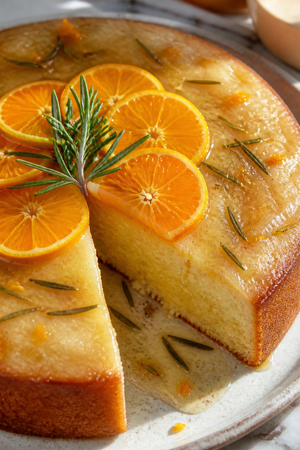 Close-up of Clementine olive oil cake with rosemary syrup