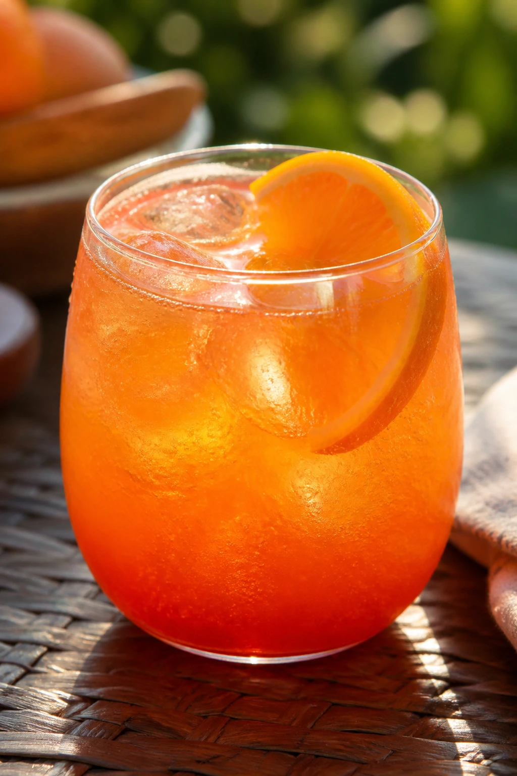 Close-up of Clementine Rum Punch with orange garnish