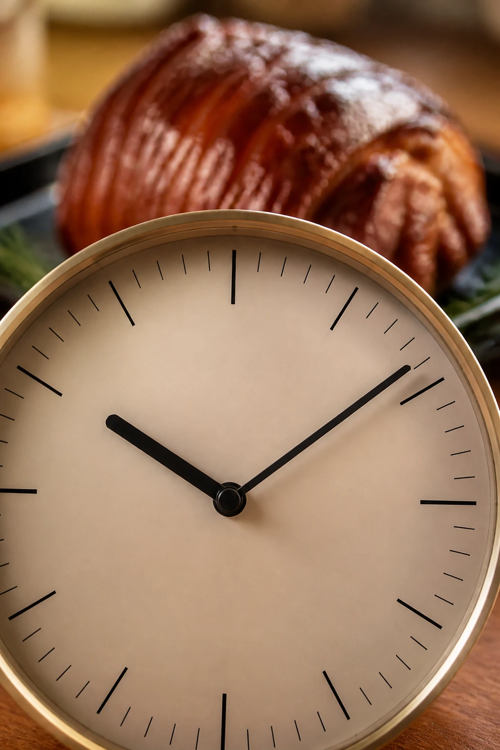 Close-up of a minimal analog clock in warm kitchen with ham in background