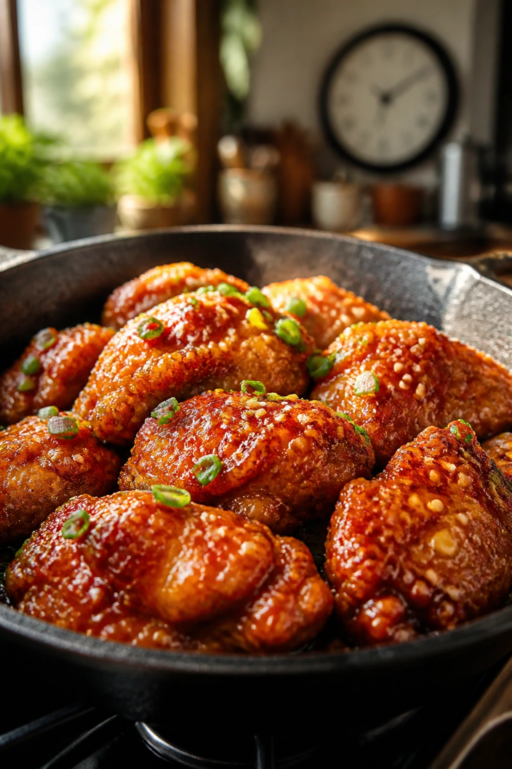 Close-up of crispy honey chicken in a skillet with a blurred clock in the background