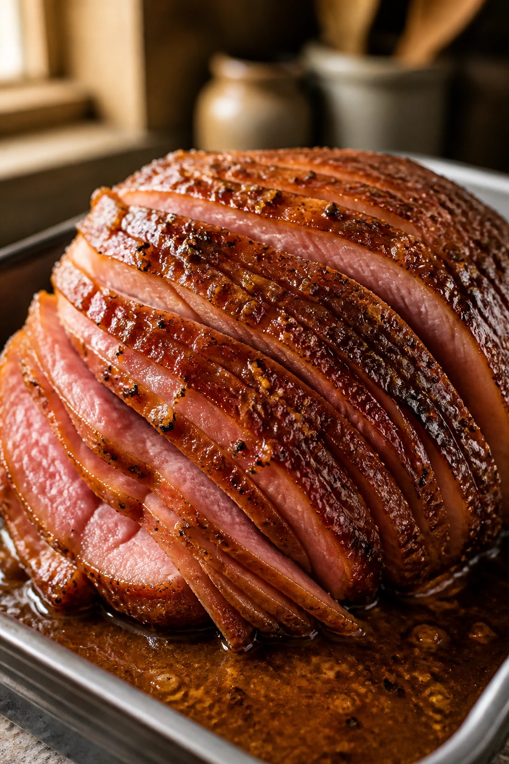 Spiral-cut ham with warm glaze and clove pepper flecks