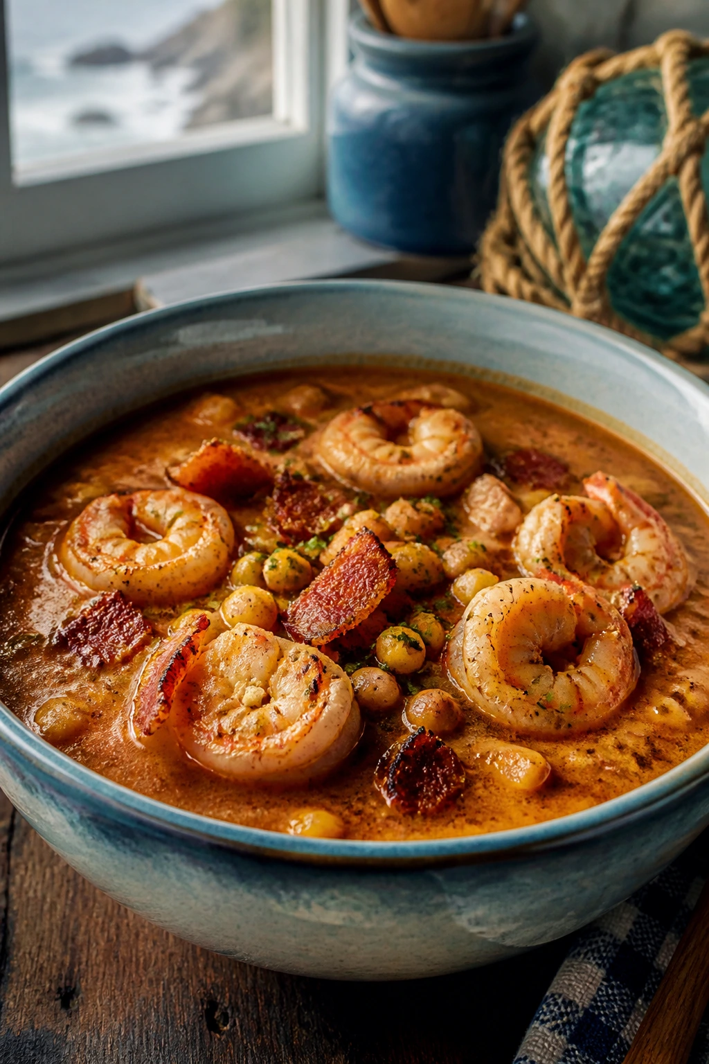 Coastal smoky chowder with shrimp and corn in a bowl on a seaside kitchen