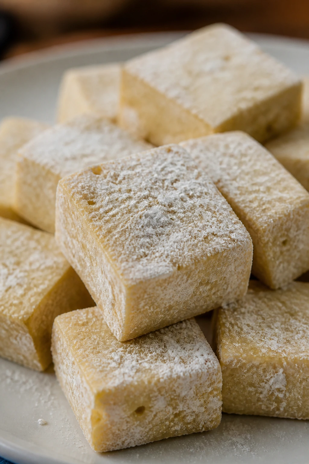 Tofu with a light cornstarch crust on a plate
