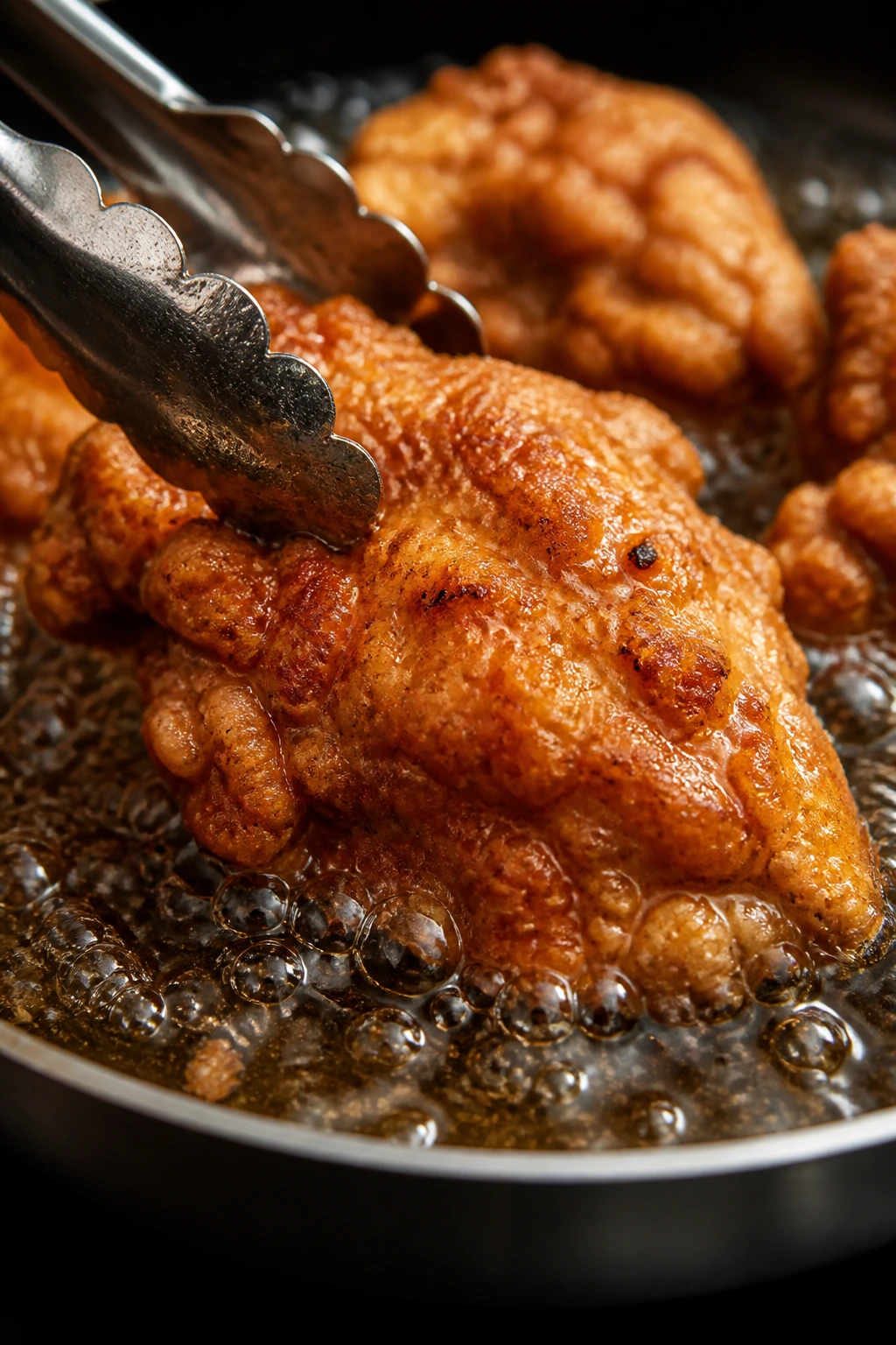 Chicken piece being fried with crust forming in skillet