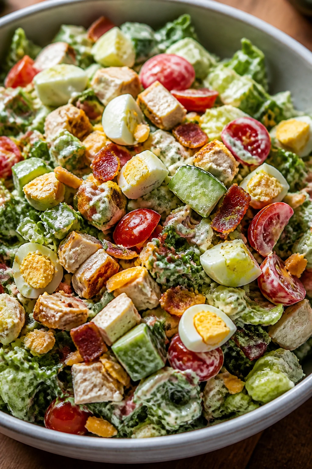 Close-up Cobb-style chopped salad with chicken, bacon, eggs, tomato, cucumber, cheddar and ranch yogurt dressing.
