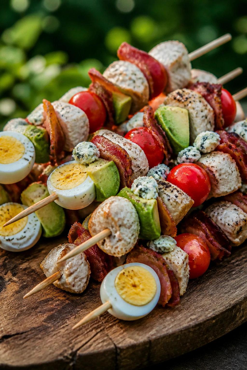 Skewers of Cobb salad components on a wooden board