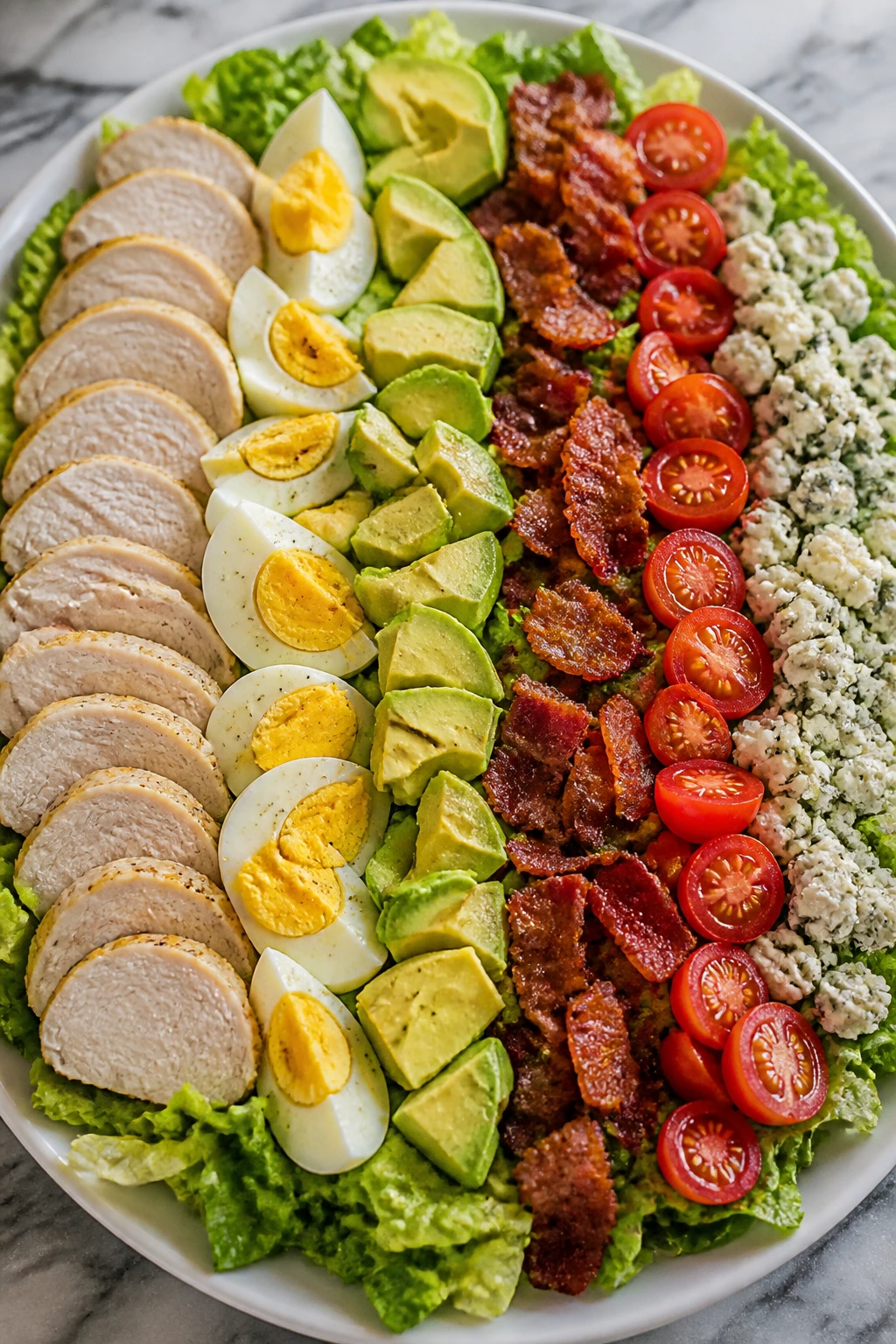 Top-down Cobb salad with turkey arranged in rows on a platter