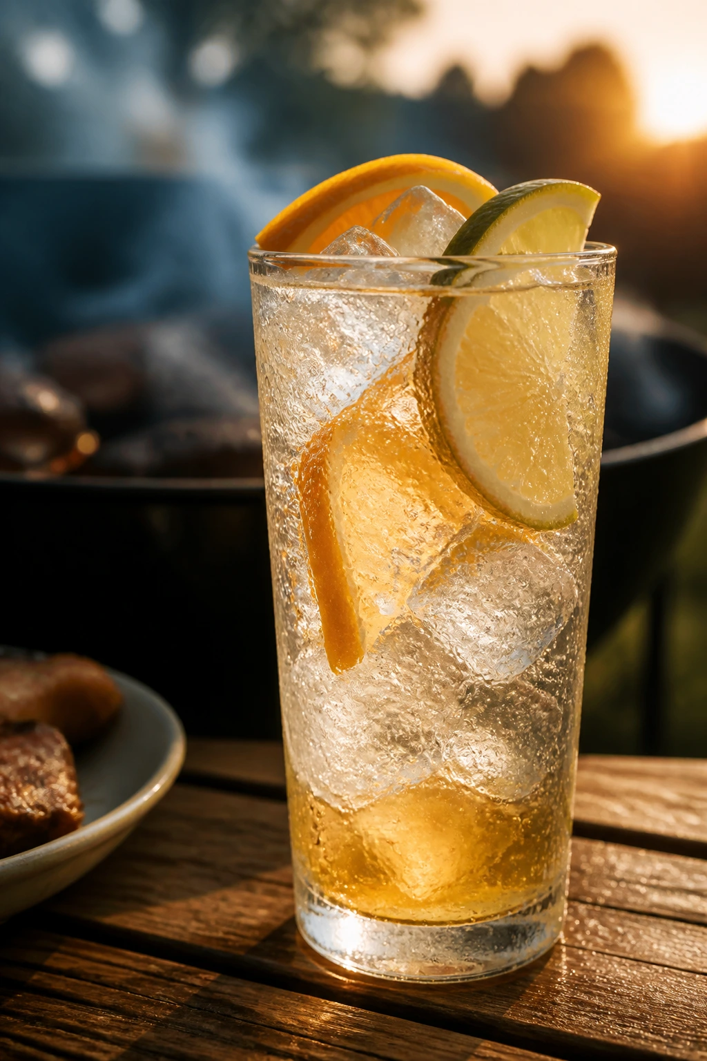 Frosty highball glass with ice and citrus garnish at a BBQ cookout.