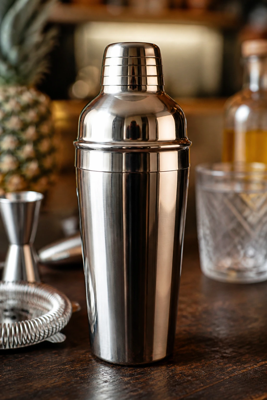 Shiny cocktail shaker on kitchen counter as essential equipment