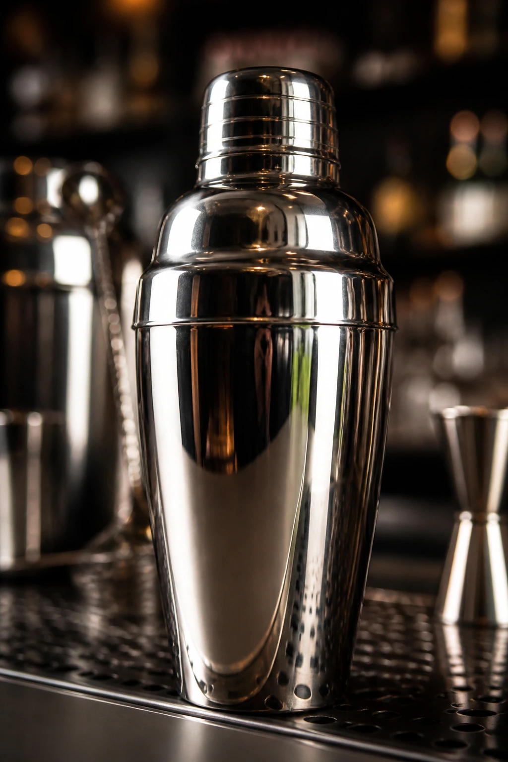 Close-up of a stainless steel cocktail shaker on a home bar