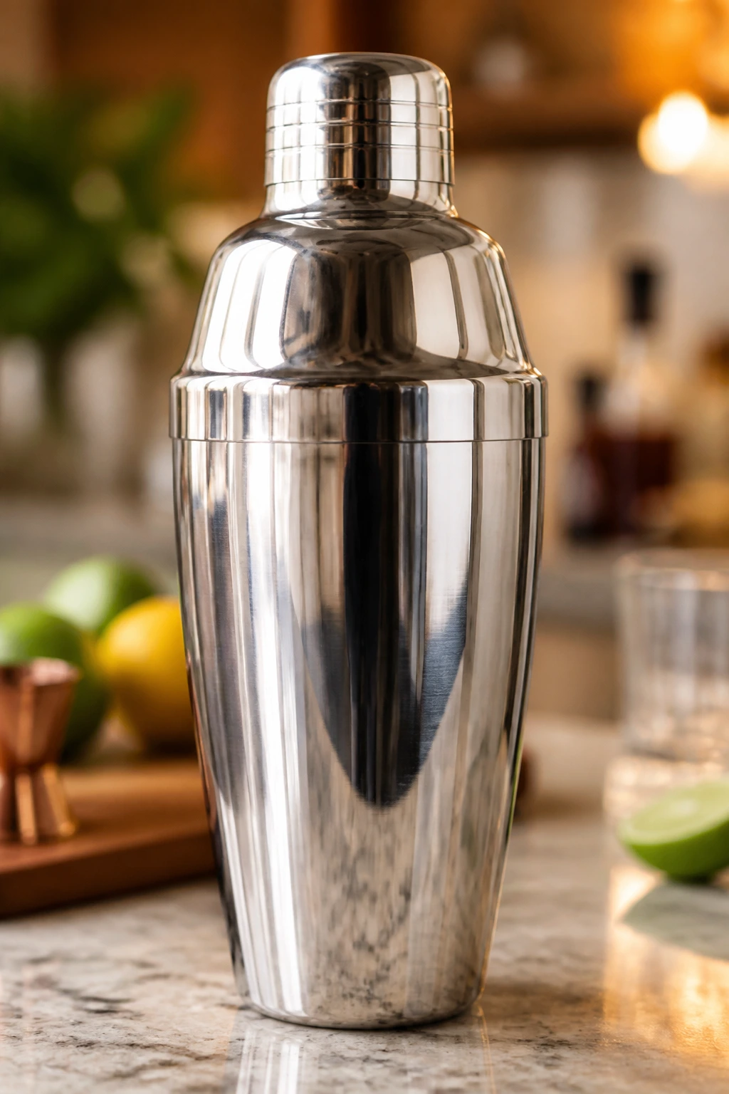 Stainless steel cocktail shaker as essential equipment for tropical drinks