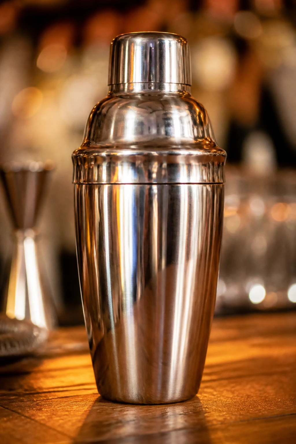 Shiny cocktail shaker on a bar counter