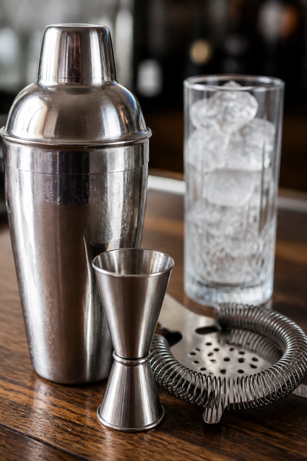 Shaker, jigger, and strainer on bar with glass of cocktail