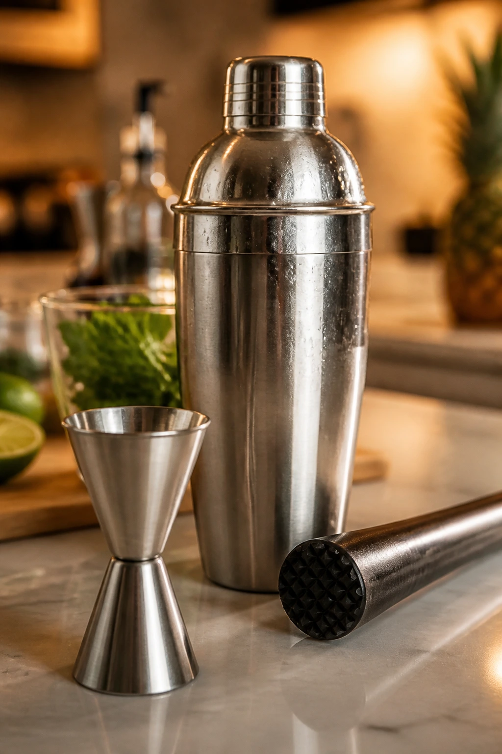 Shaker with muddler and jigger on counter for mojito prep