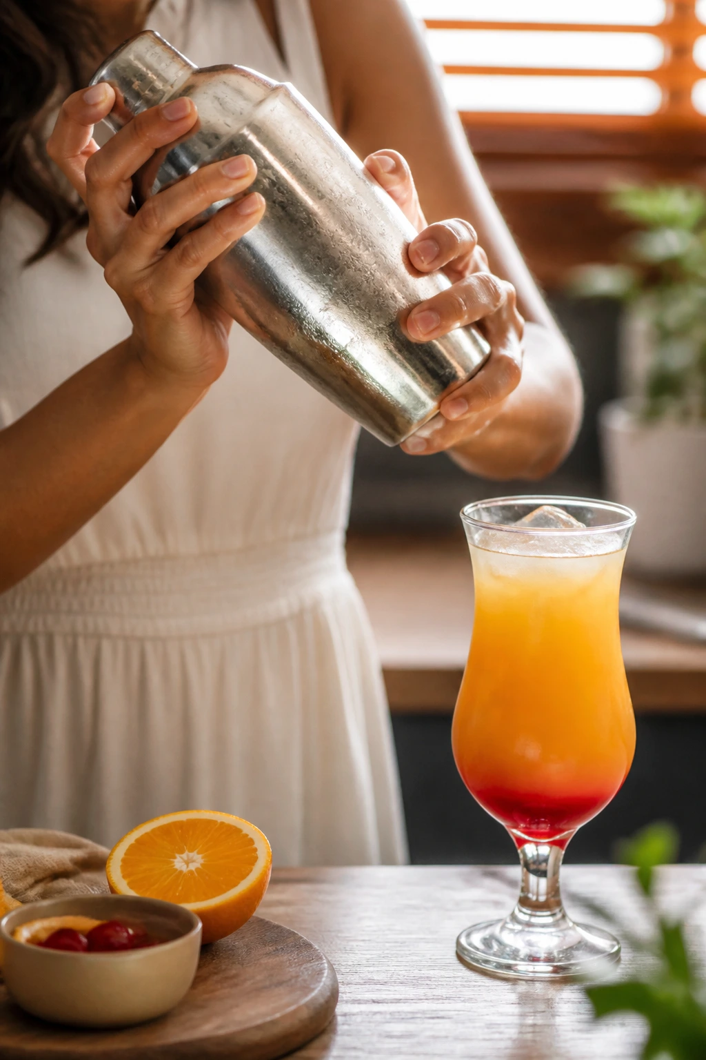 Hands shaking a cocktail shaker beside a sunrise layered cocktail in a warm kitchen