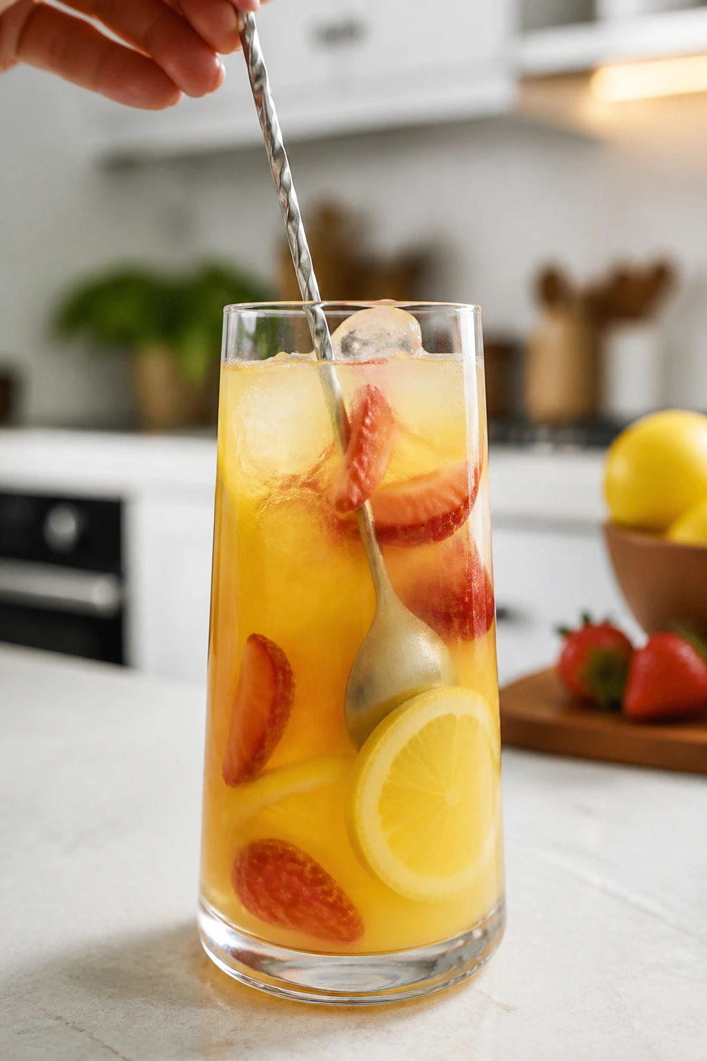 Close-up of a stirred lemonade cocktail being mixed in a glass