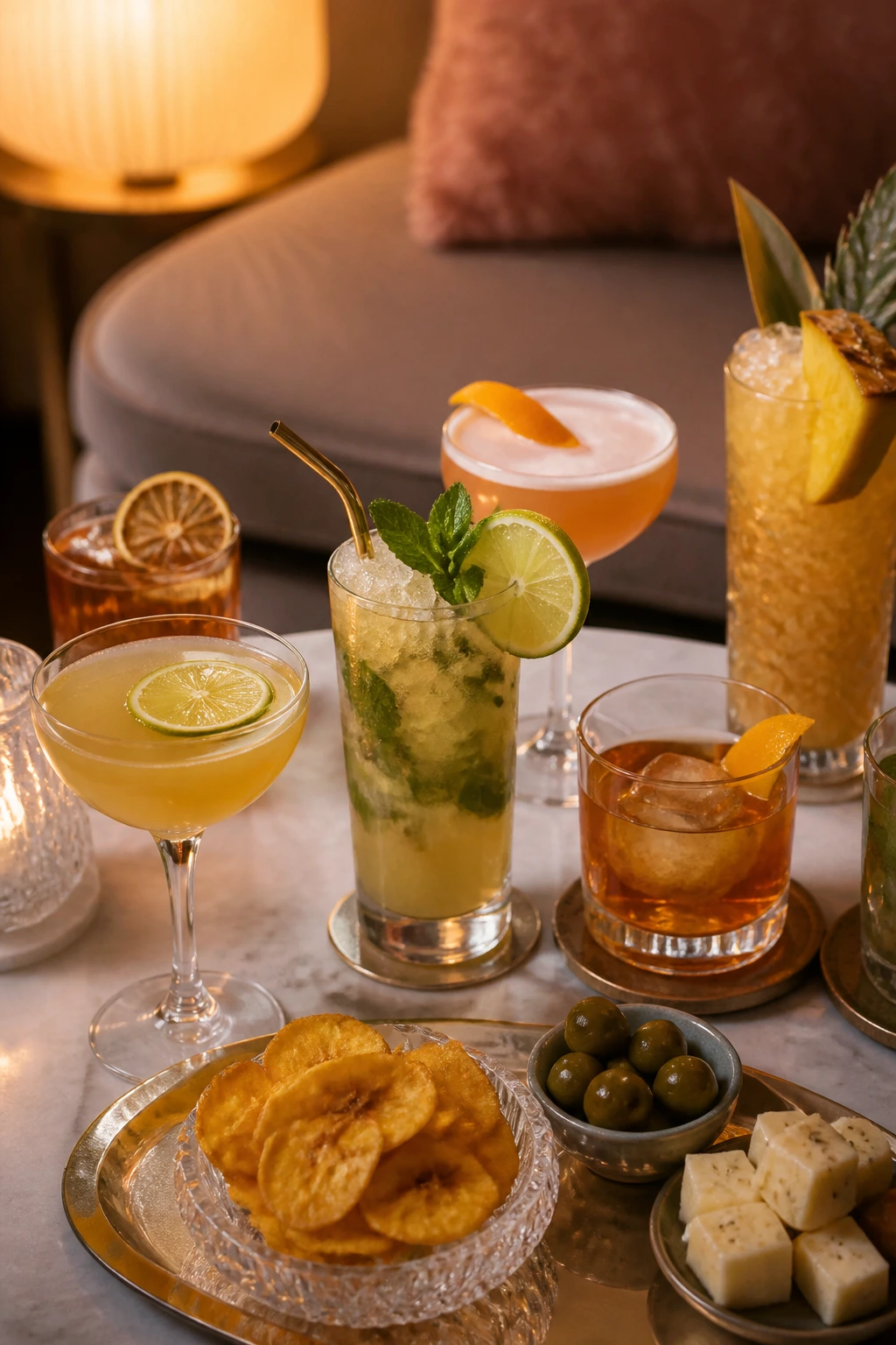 Close-up of a cocktail table with rum drinks and garnishes in a cozy lounge