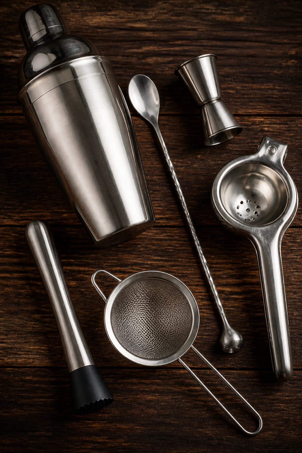 Top-down still-life of essential cocktail tools: shaker, jigger, spoon, juicer, muddler, and strainer