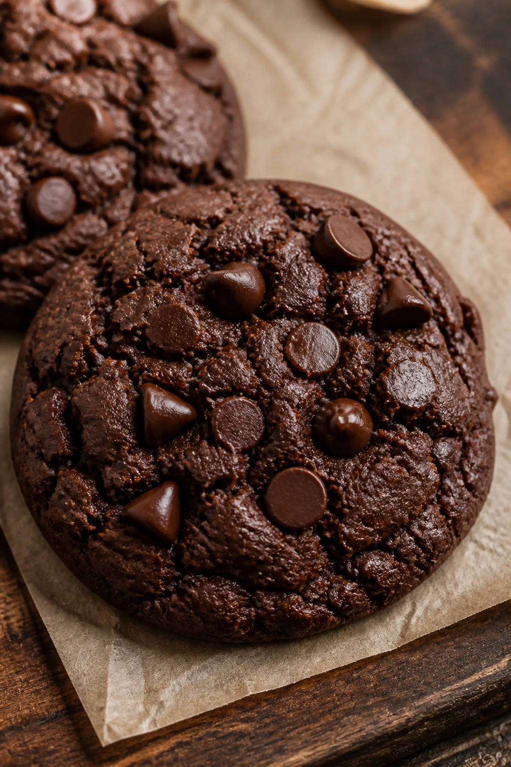 Dark cocoa chip chocolate drop cookie close-up