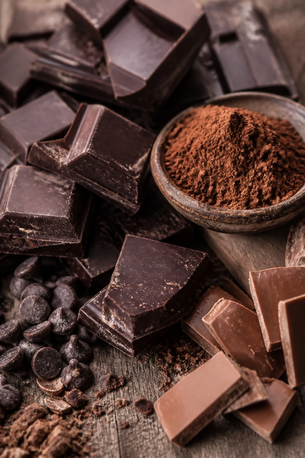 Close-up of chocolate pieces and cocoa powder on wooden surface.