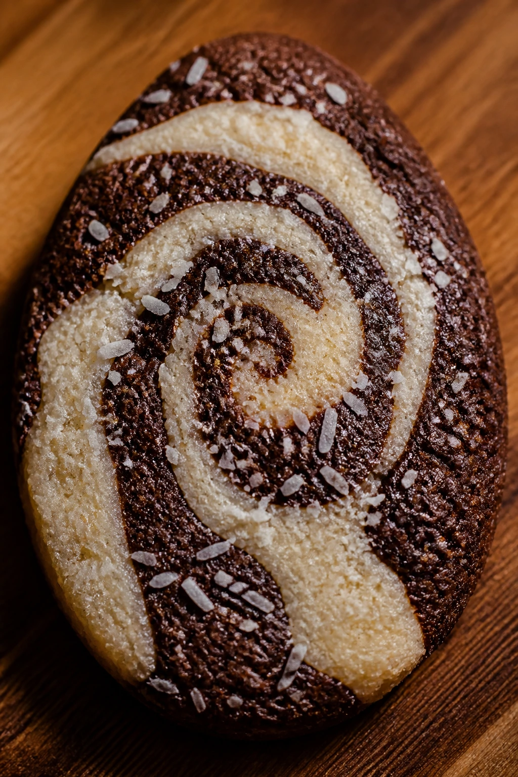 Close-up of cocoa-coconut swirl Easter egg cookie with shredded coconut