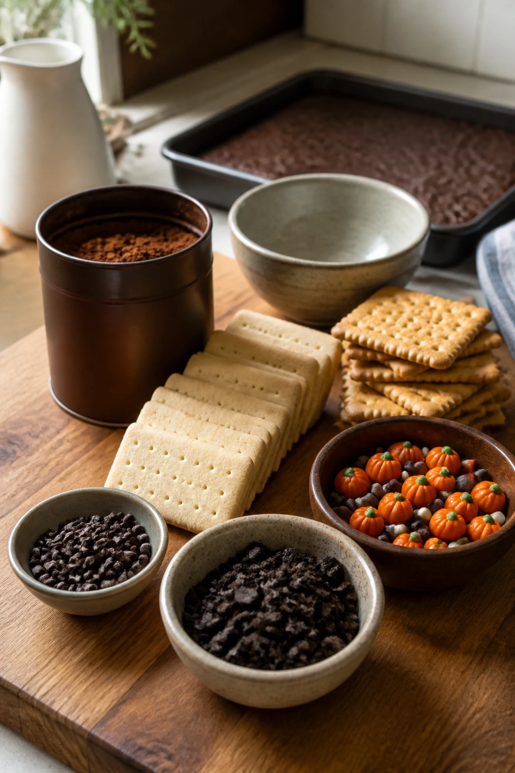 Kitchen scene with baking ingredients for graveyard brownies