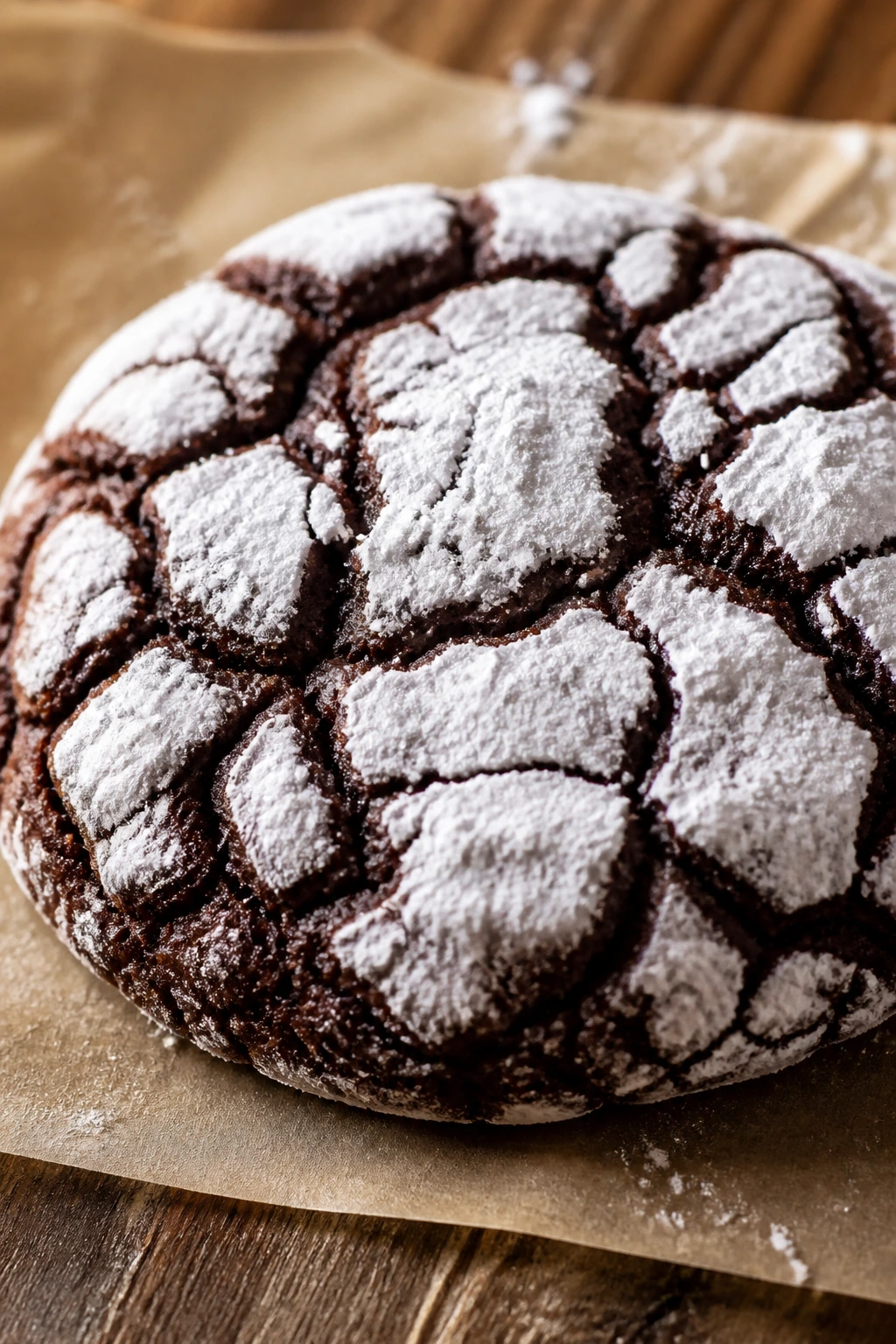 Close-up of a cocoa crinkle cookie with powder sugar and deep crinkles