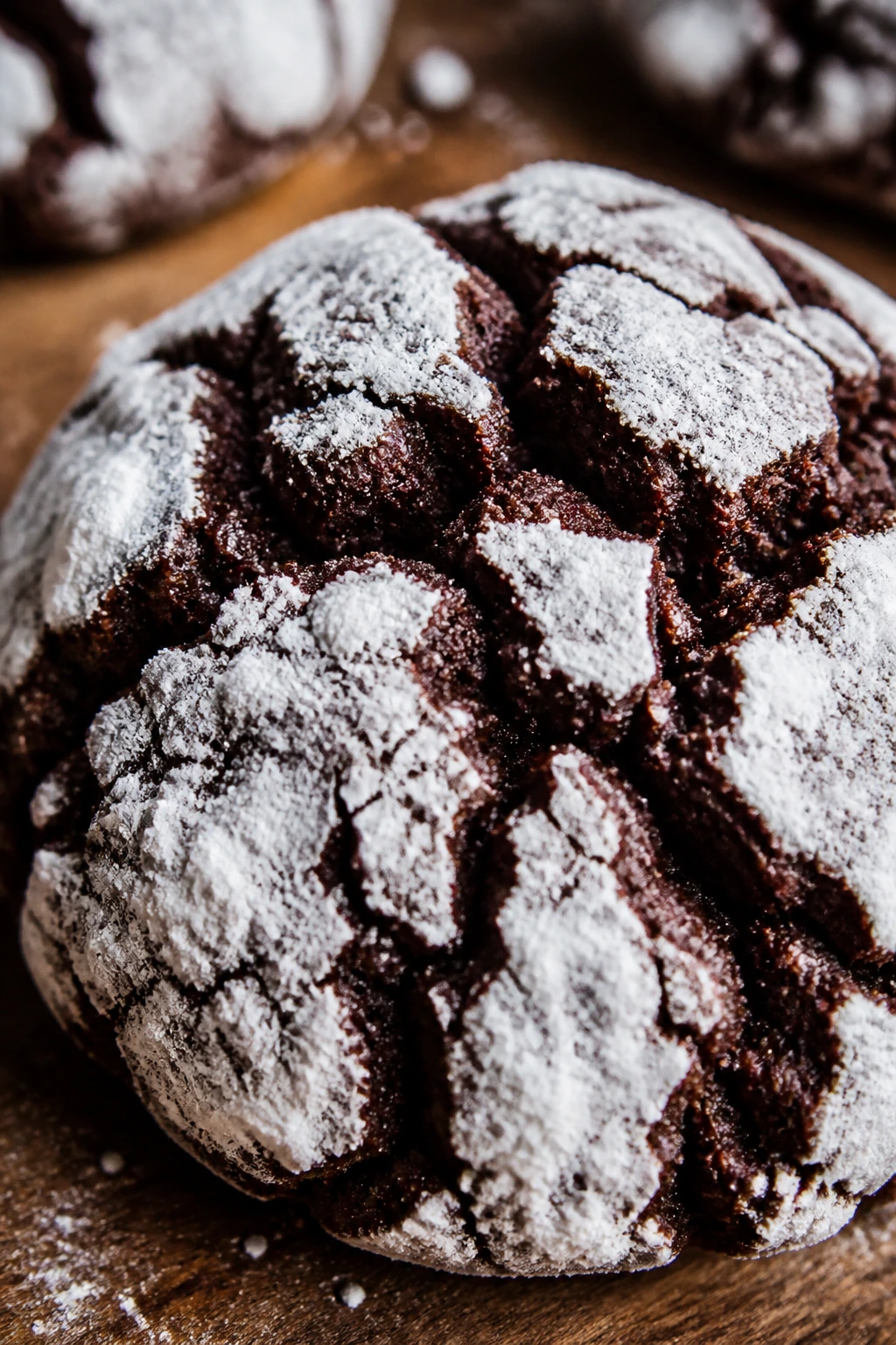 Close-up of a cocoa crinkle cookie with snowy powdered sugar