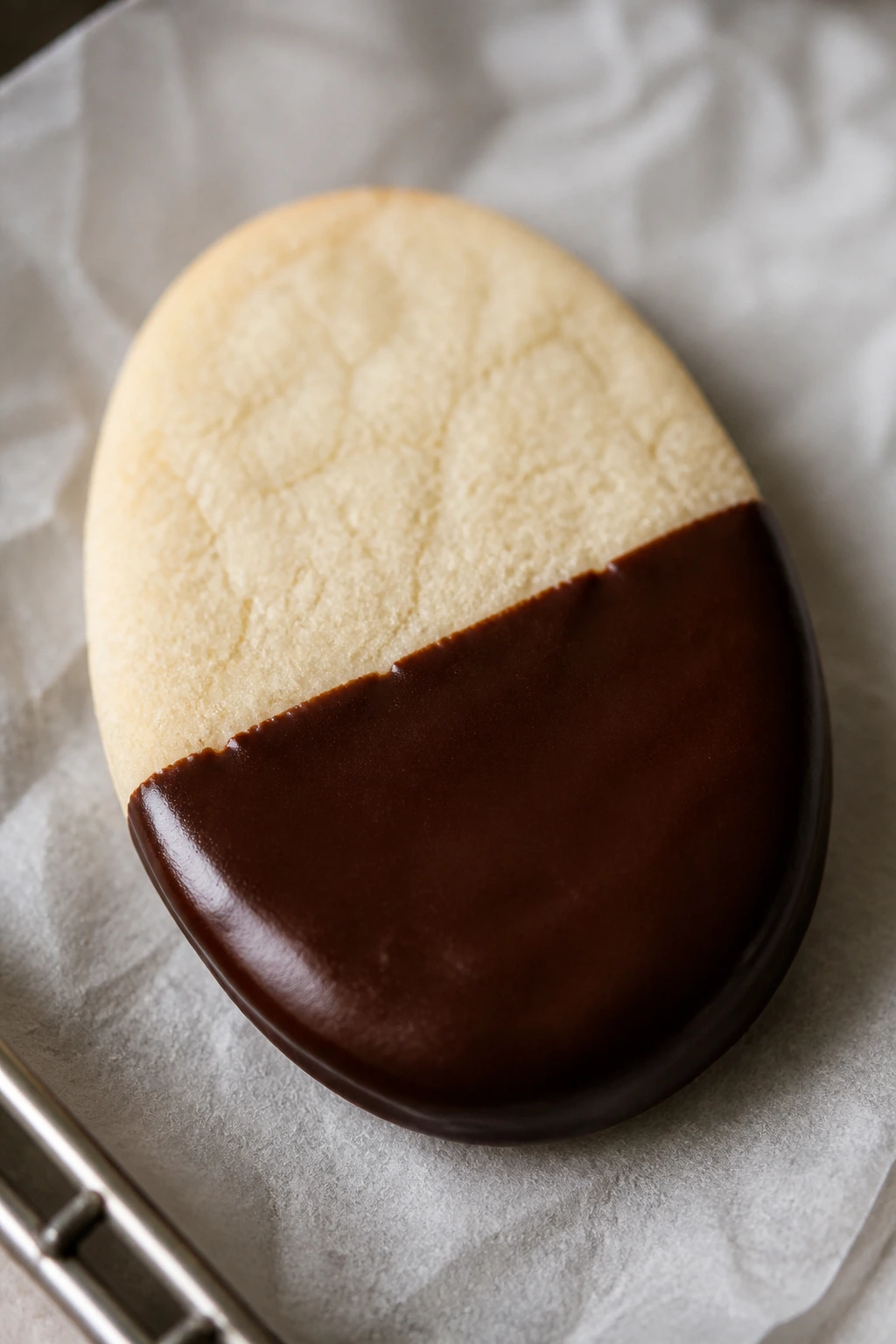 Cocoa-dipped sugar Easter egg cookie half dipped in chocolate