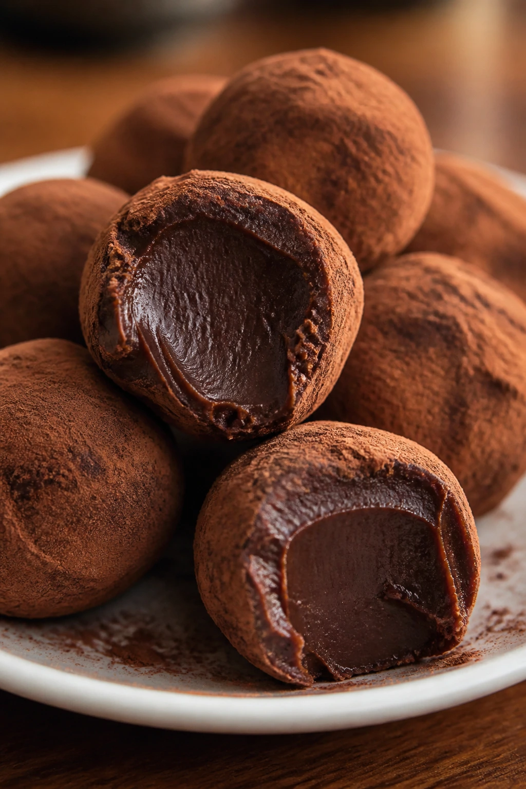 Truffles with cocoa powder on a plate in a cozy kitchen