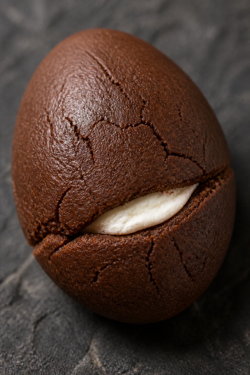 Close-up of a cocoa egg cookie with marshmallow center peeking through a seam
