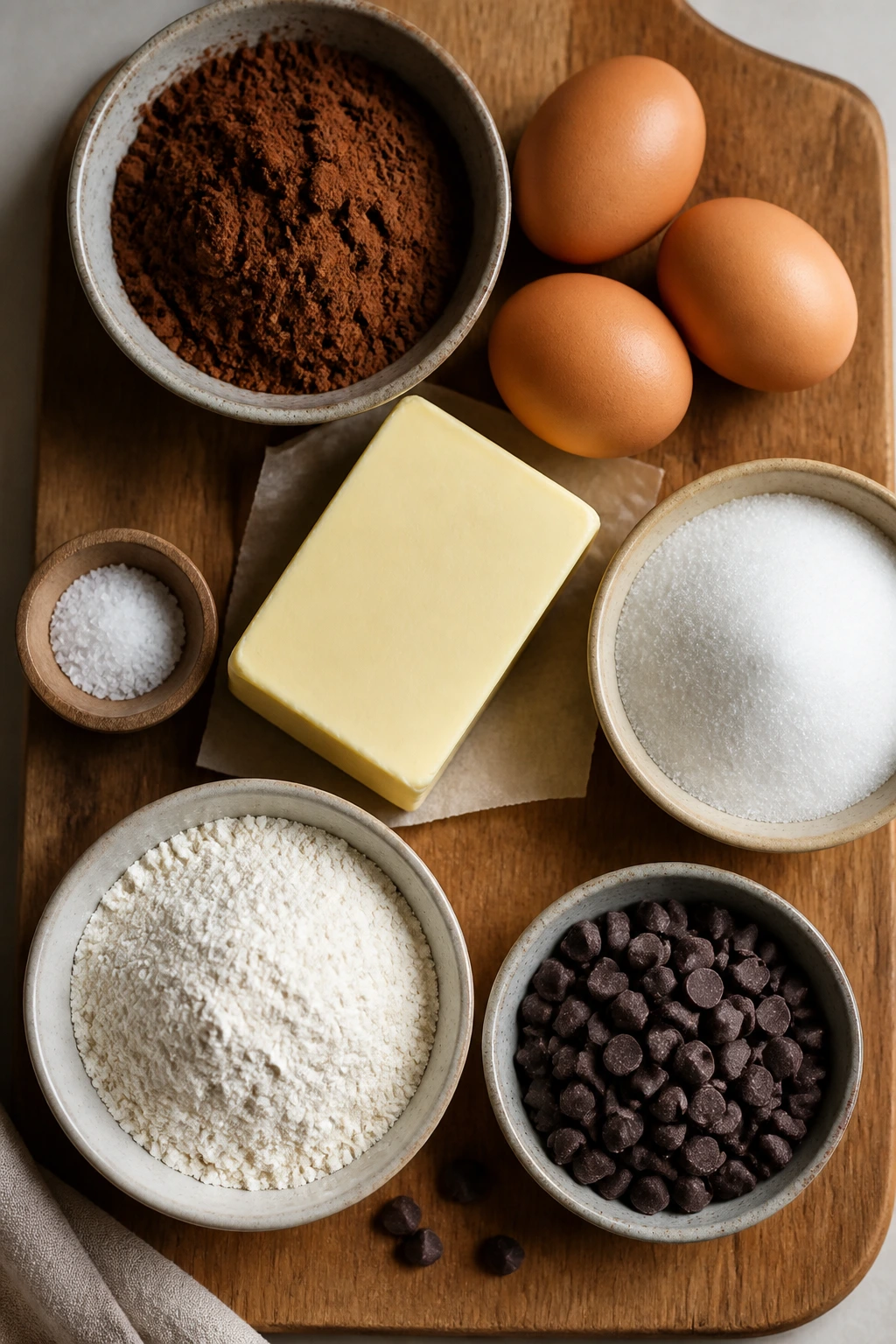 Top-down view of cocoa, eggs, butter, sugar, salt, flour, and chips for brownies