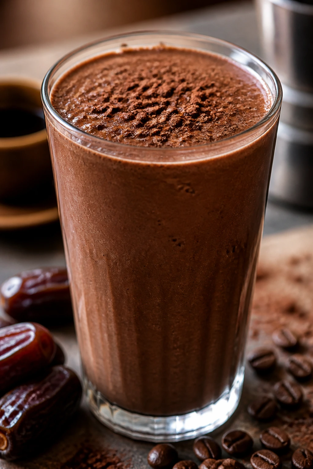 Glass of cocoa date espresso smoothie in a warm kitchen