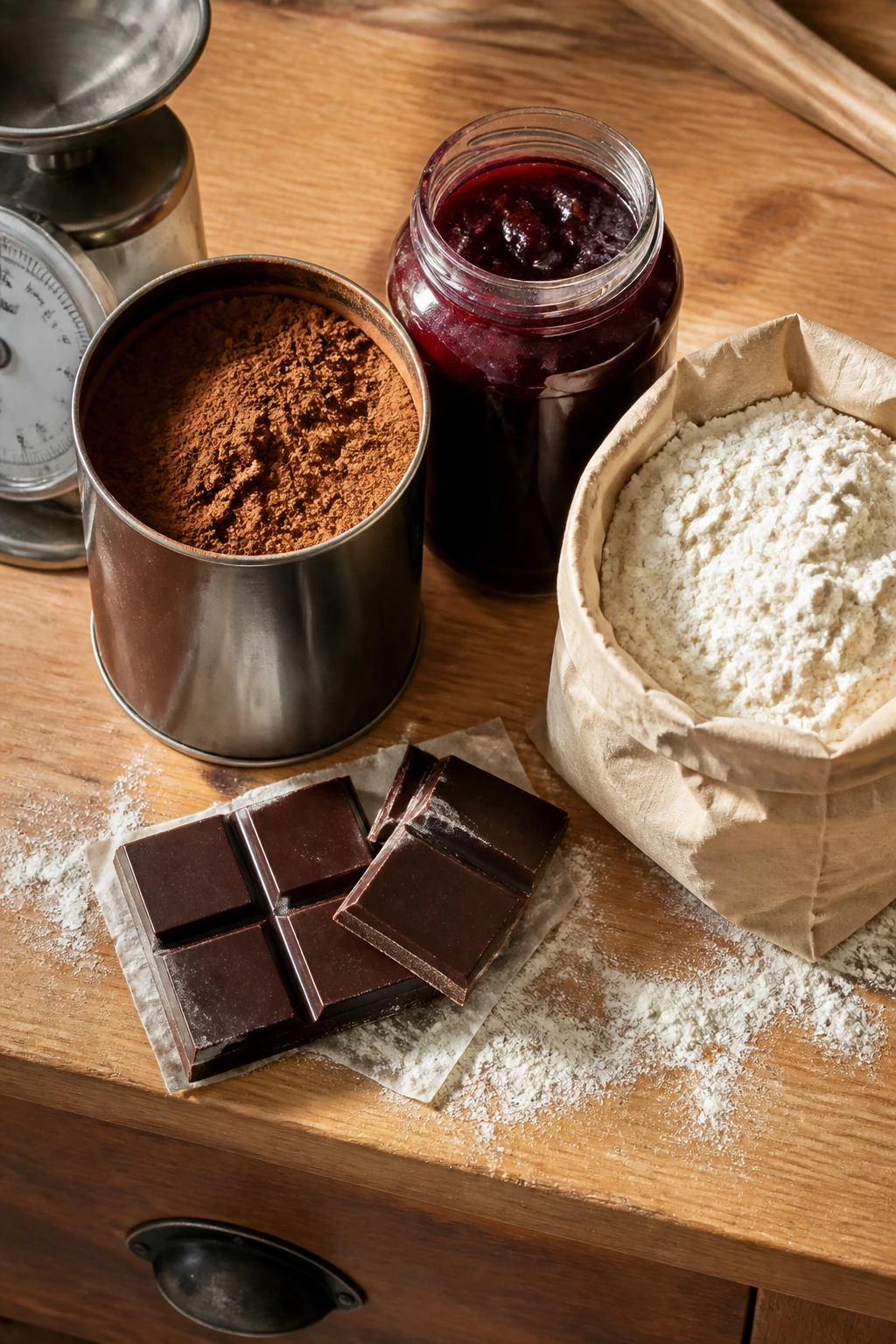 Cocoa, jam, chocolate, and flour arranged on a wooden surface
