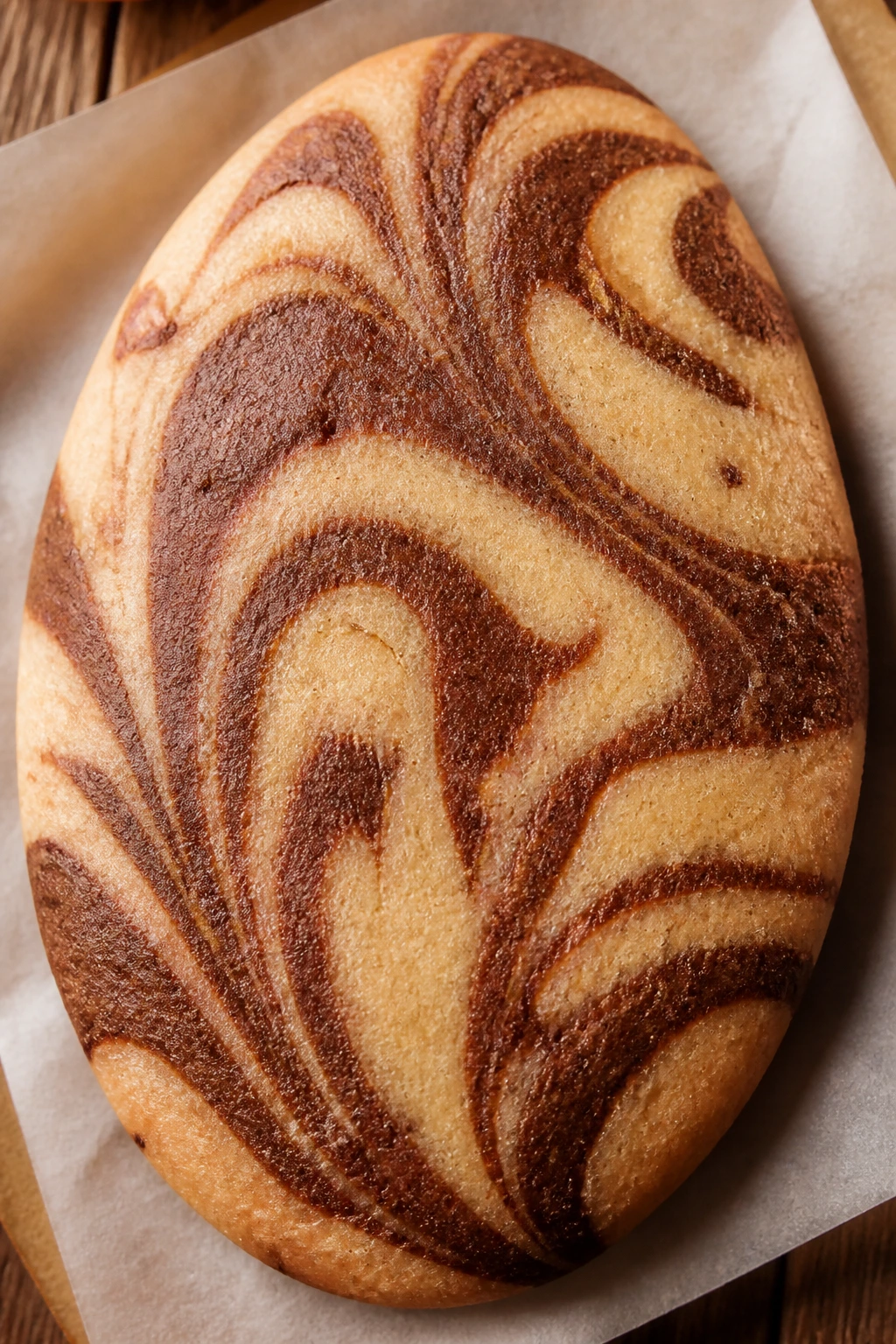 Marbled cocoa-vanilla Easter egg cookie close-up