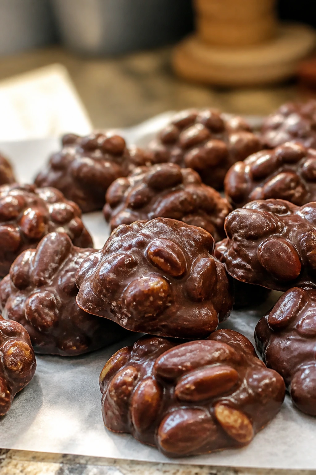Close-up of cocoa peanut clusters on parchment on a warm kitchen counter