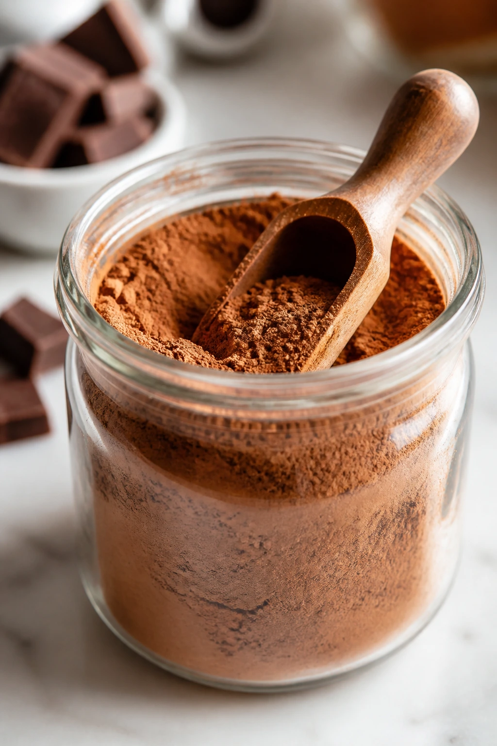 Jar of cocoa powder with wooden scoop in a kitchen