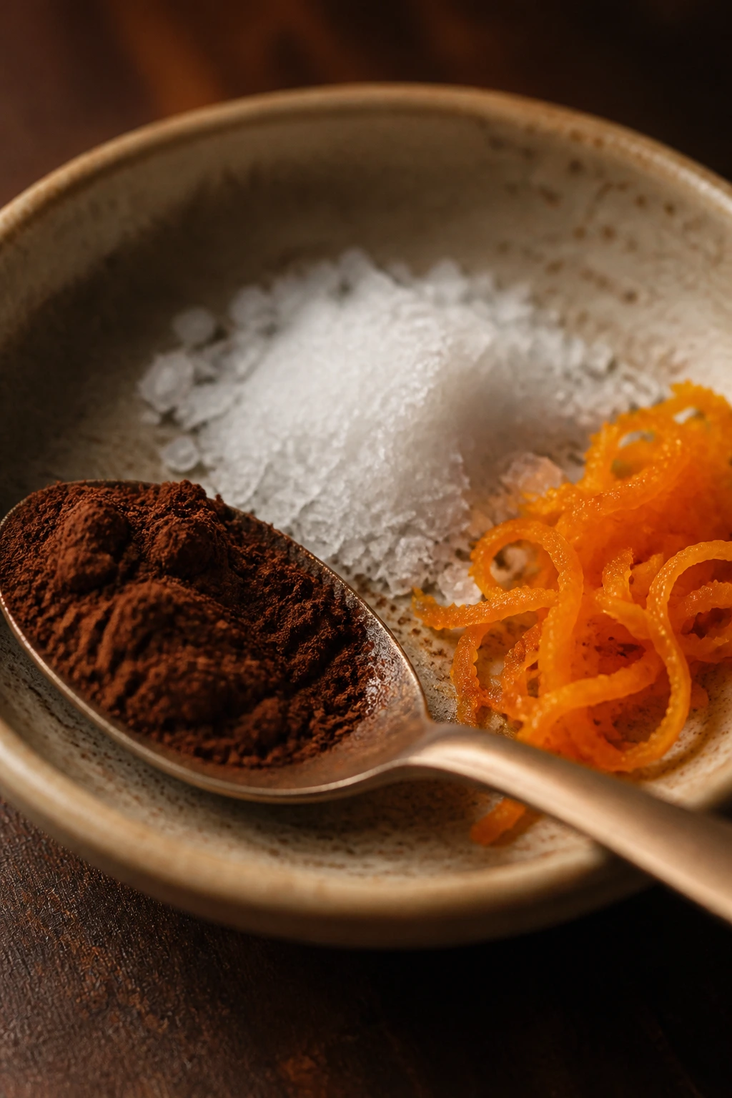 Cocoa powder, flaky salt, and orange zest on a small dish