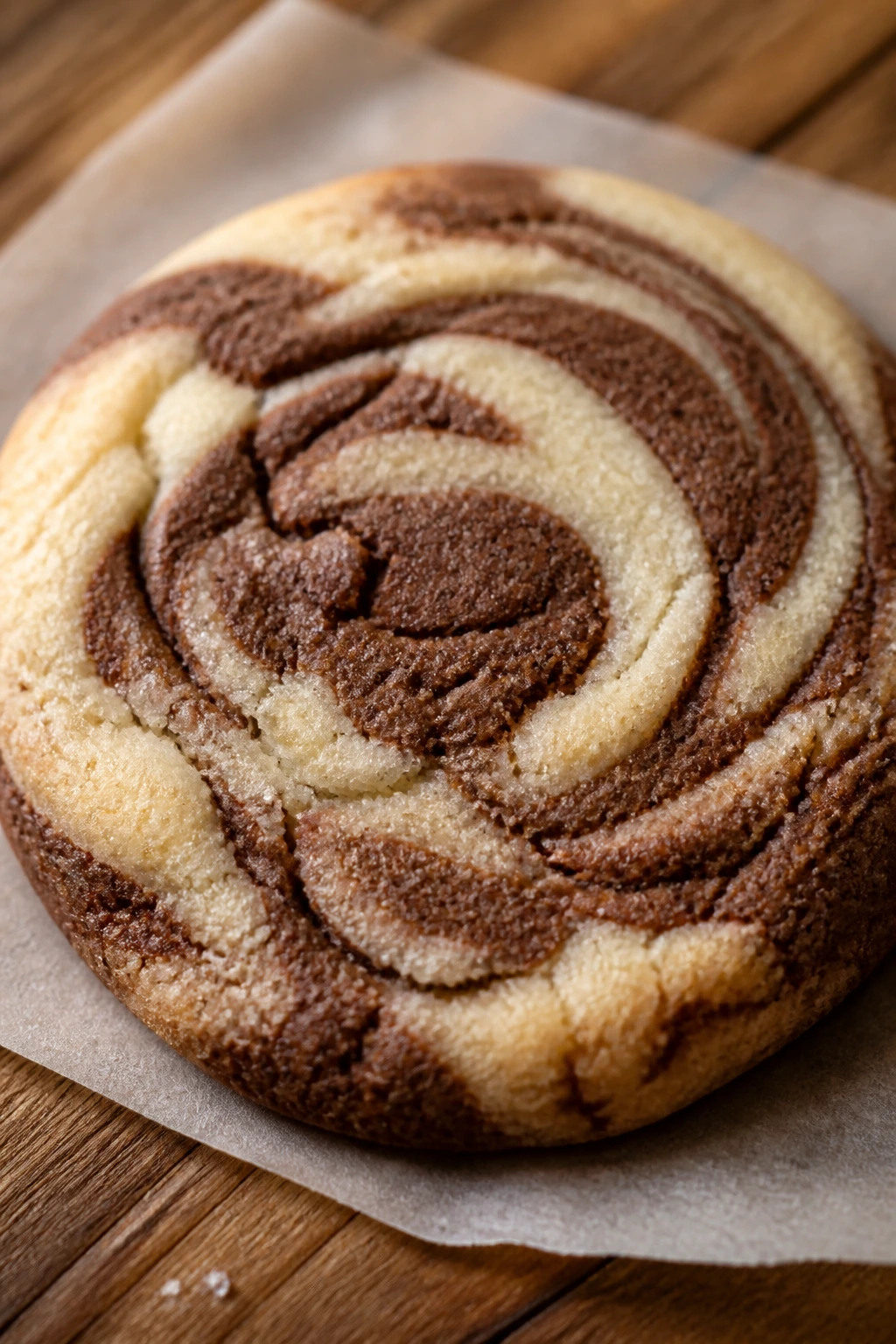 Close-up of a cocoa vanilla marble sugar cookie on parchment