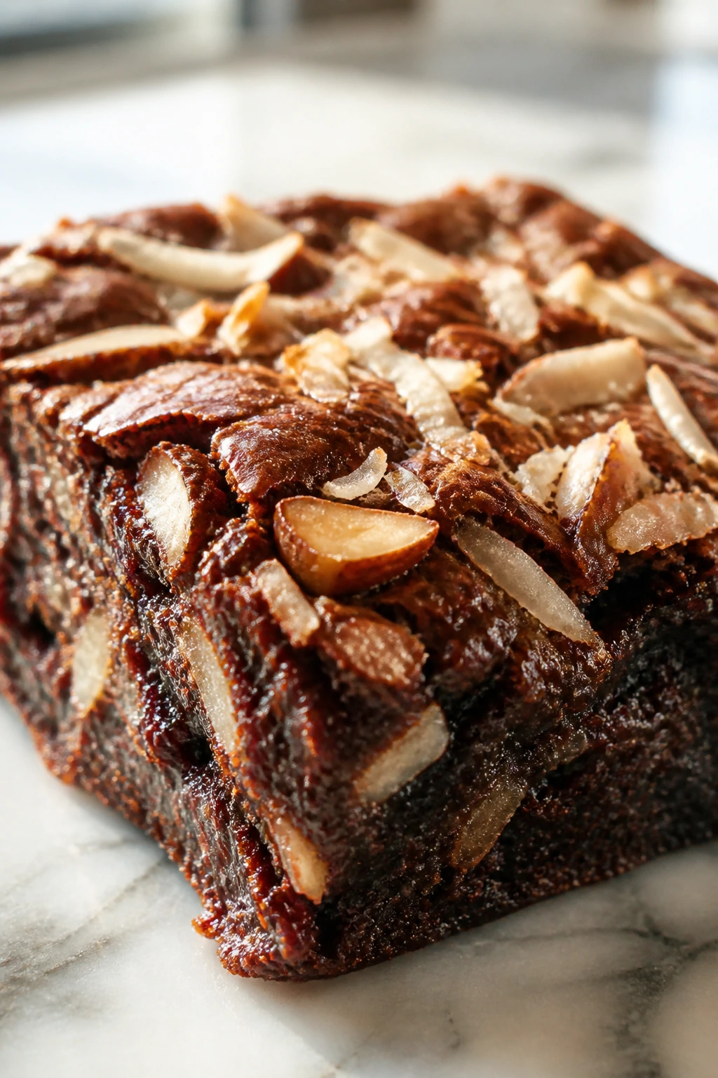 Close-up of coconut almond brownie showing coconut threads and almond texture