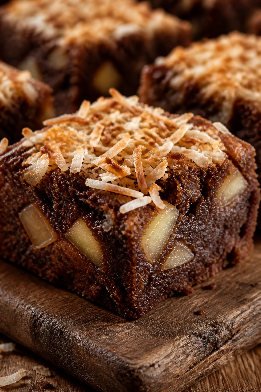 Close-up of Coconut Apple Brownies with coconut topping
