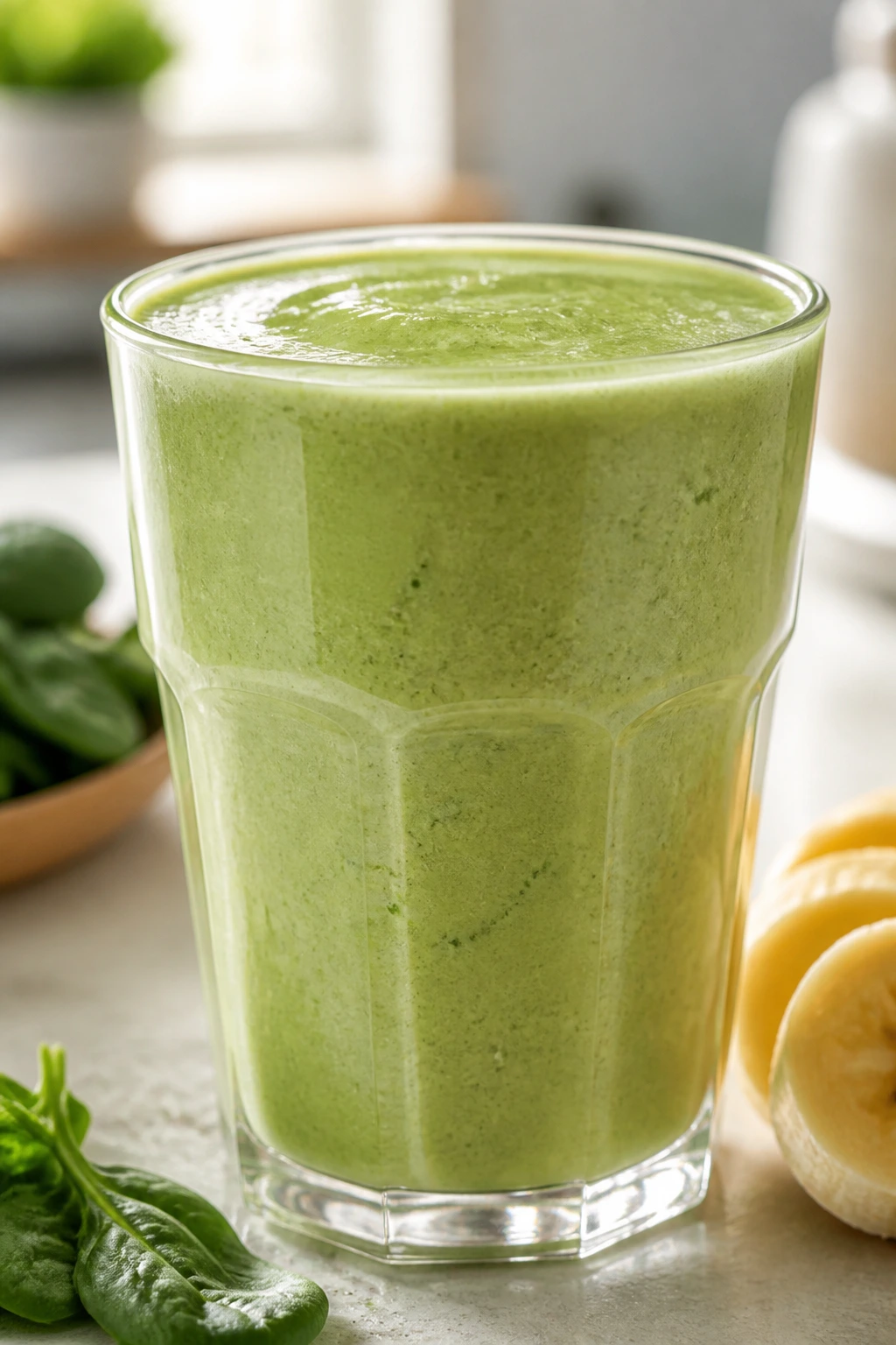 Close-up of Coconut Banana Spinach Smoothie in a glass on a kitchen counter