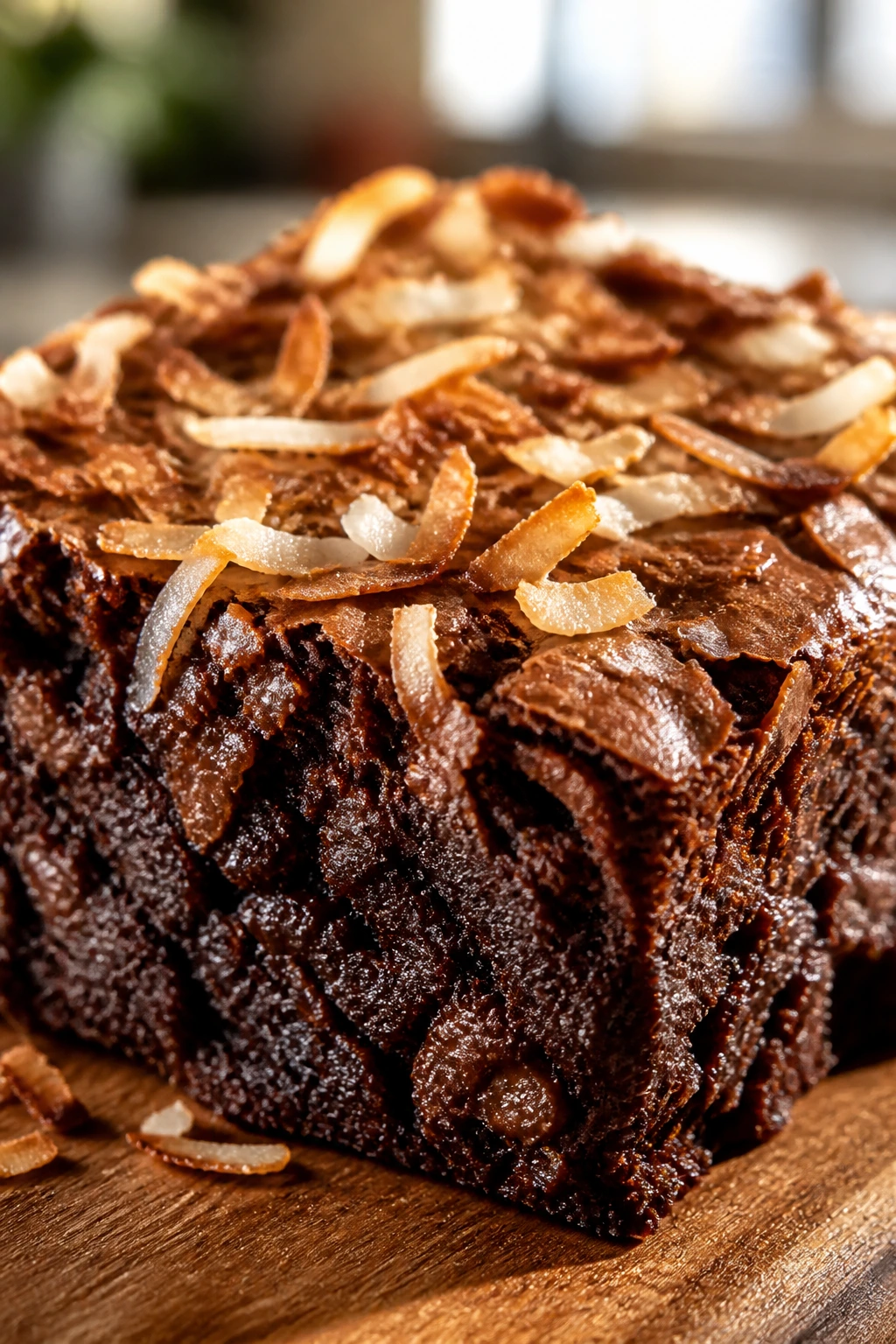 Close-up of fudgy coconut brownies with toasted coconut on top